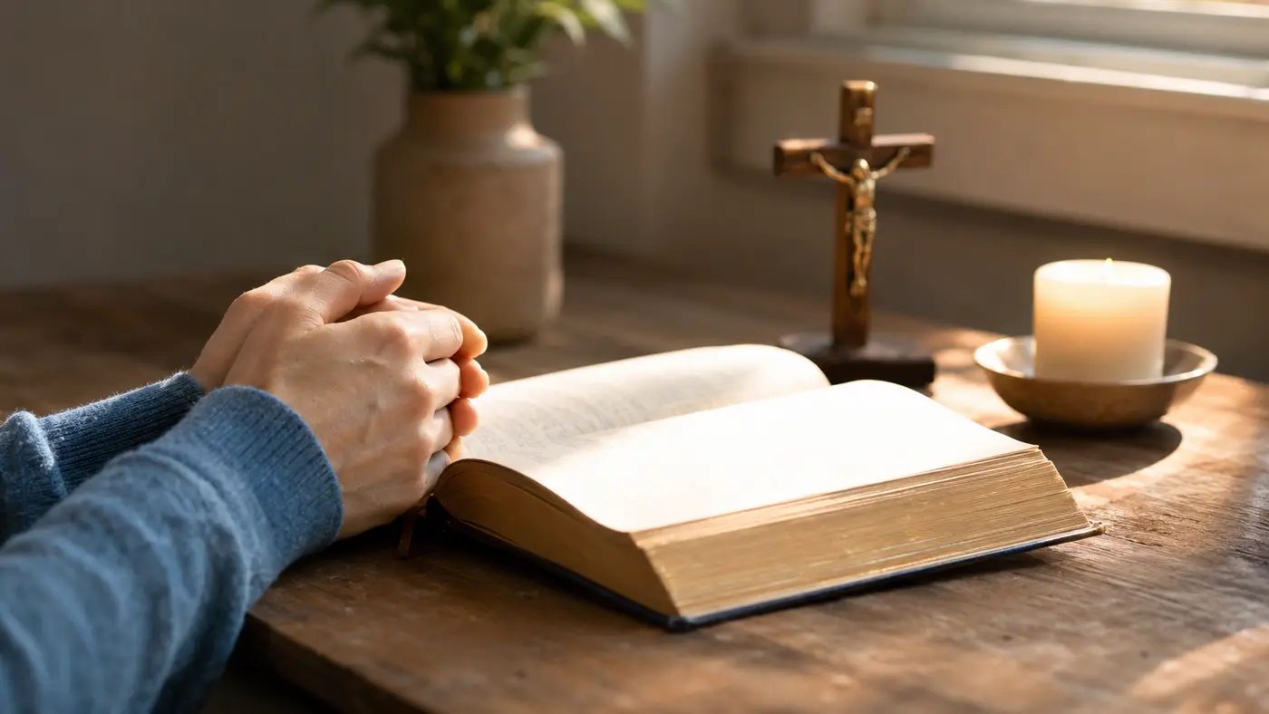 Mãos unidas em oração ao lado de Bíblia aberta, crucifixo e vela - como descansar em Deus