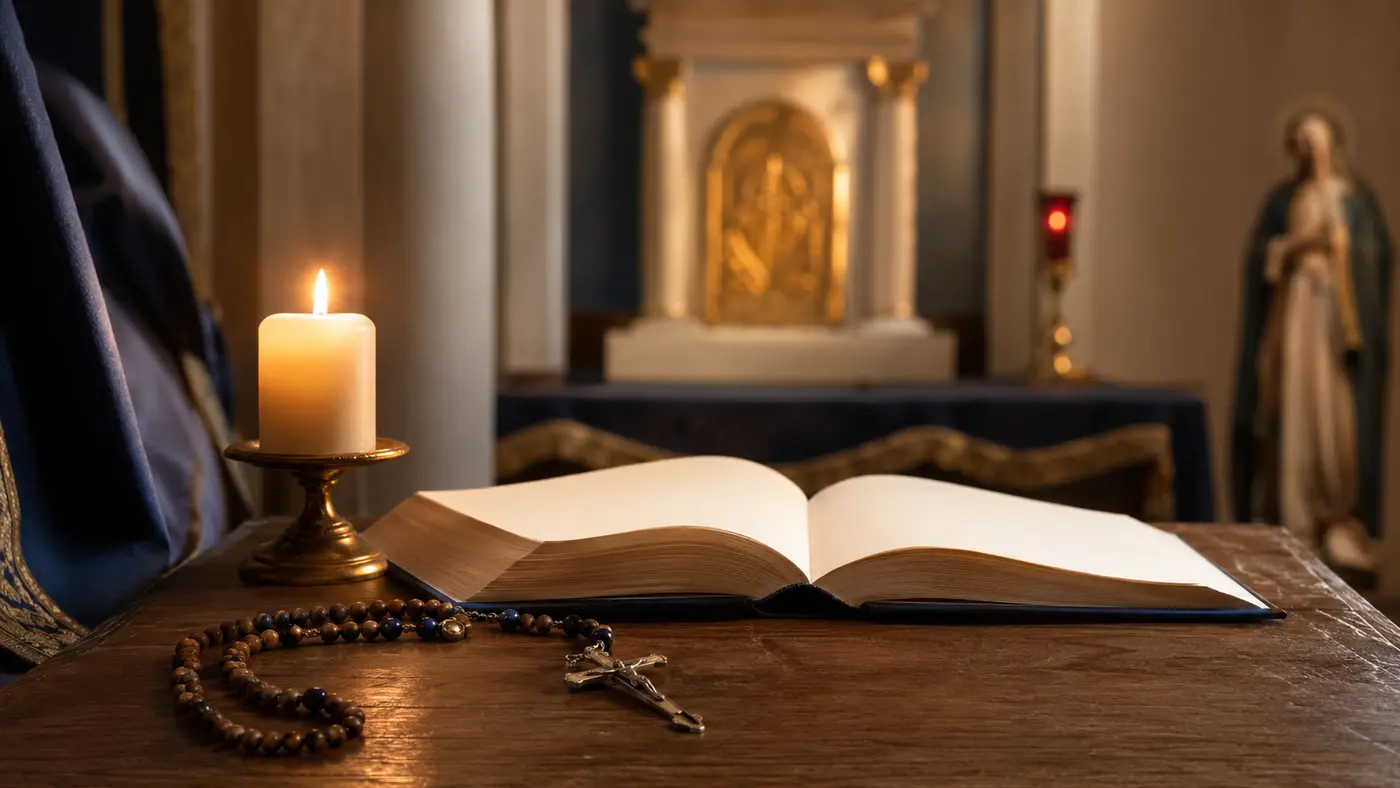 Livro espiritual aberto, rosário e vela diante do sacrário em uma capela