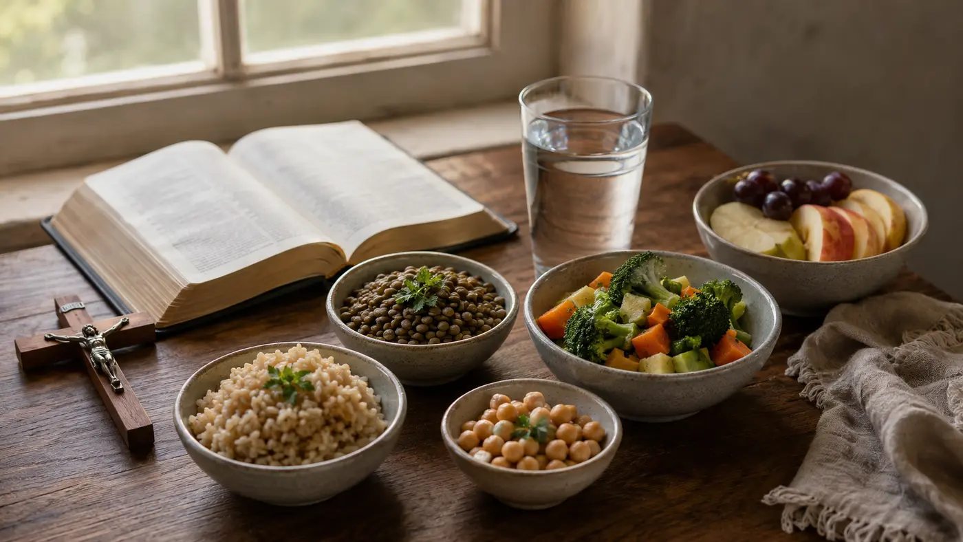 Refeição simples com vegetais, leguminosas, grãos, frutas, água e Bíblia