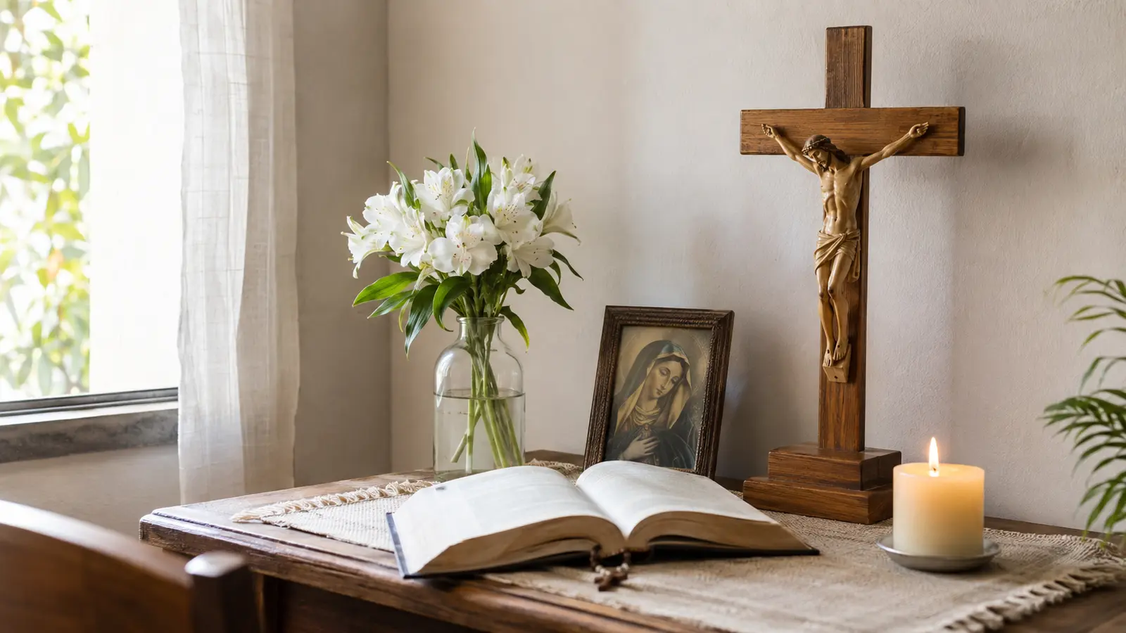 Pequeno altar doméstico com crucifixo, Bíblia, flores e vela.