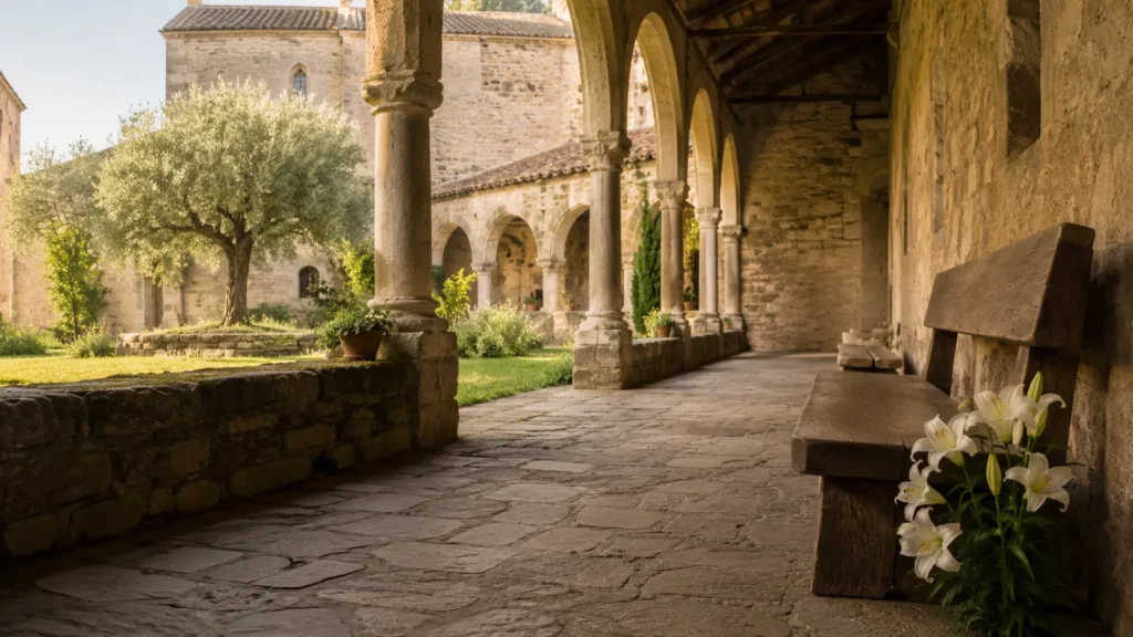 Claustro franciscano iluminado pela manhã com lírios brancos.