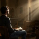 Pessoa em silêncio com uma Bíblia no interior de uma capela.