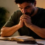 Pessoa procura manter o recolhimento durante a oração com Bíblia e rosário.