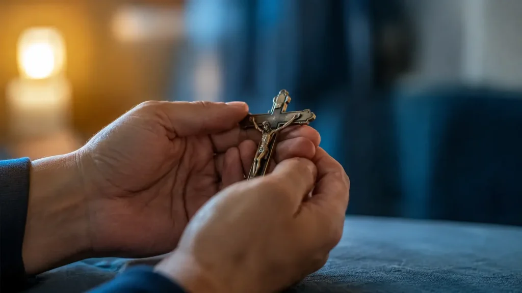 Mãos seguram um pequeno crucifixo em momento de oração.