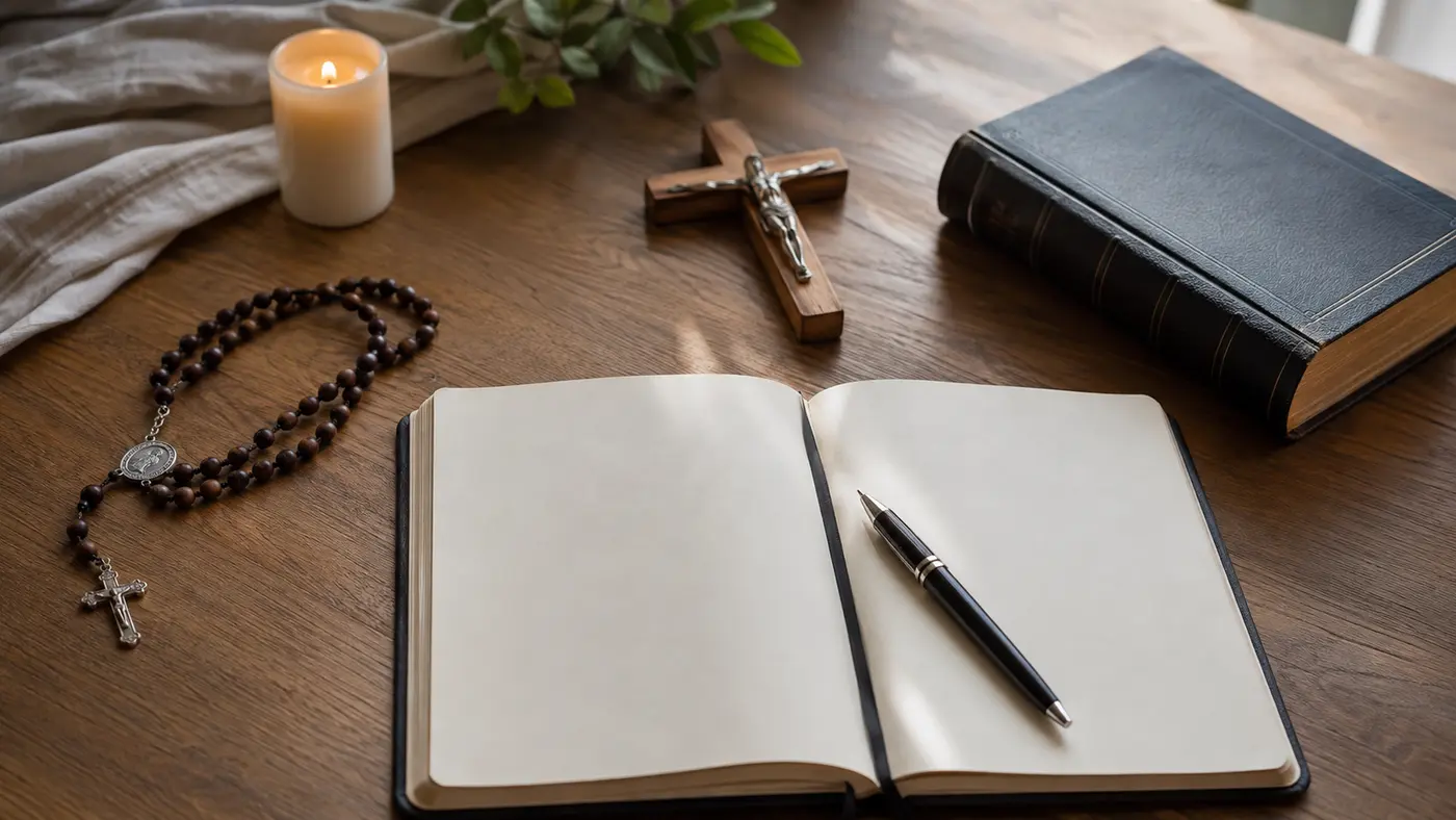 Caderno aberto, Bíblia, crucifixo e rosário sobre mesa de oração