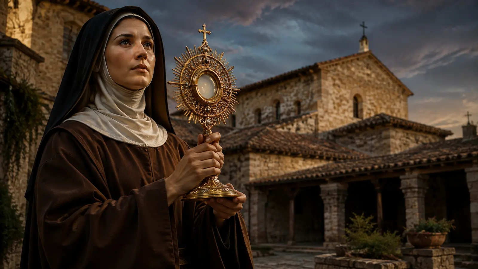 Representação de Santa Clara de Assis segurando um ostensório diante de um mosteiro.