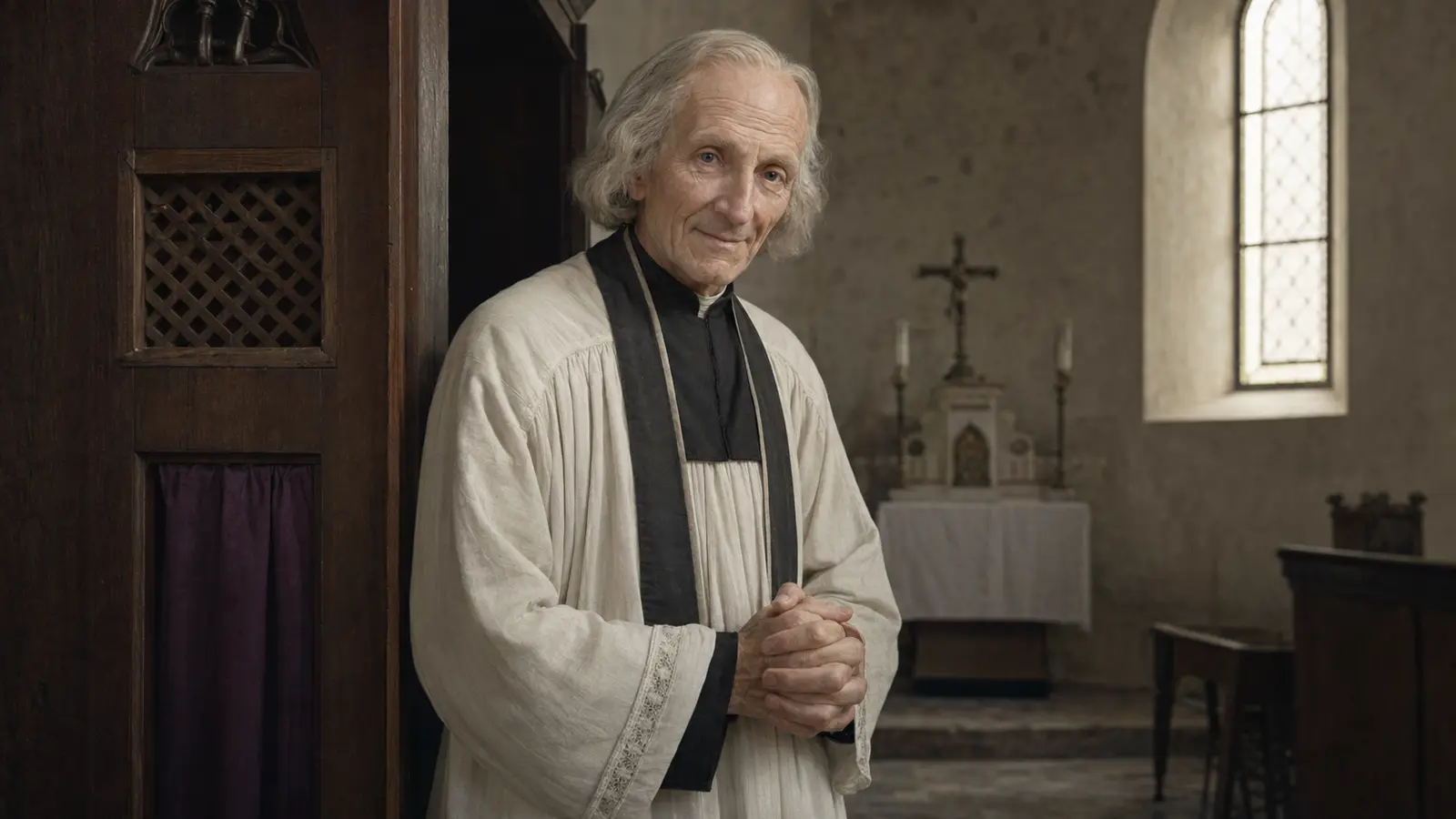 São João Maria Vianney ao lado de um confessionário em igreja rural