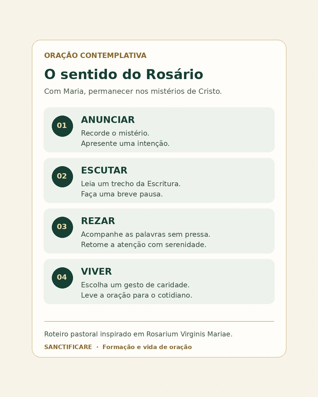 Quatro passos para rezar o Rosário com atenção: anunciar o mistério, escutar a Palavra, rezar sem pressa e levar à vida