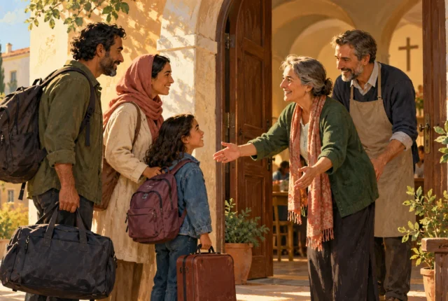 Ilustração de uma família com uma criança e bagagens sendo acolhida à porta de uma comunidade.