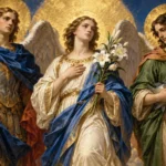 Representação artística dos arcanjos Miguel com espada, Gabriel com lírios e Rafael com bastão e peixe.