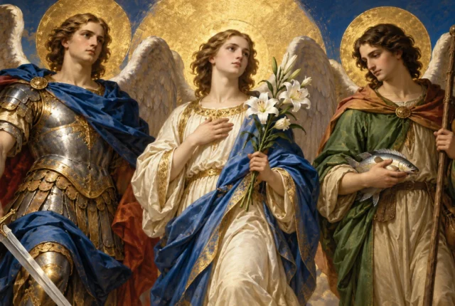 Representação artística dos arcanjos Miguel com espada, Gabriel com lírios e Rafael com bastão e peixe.