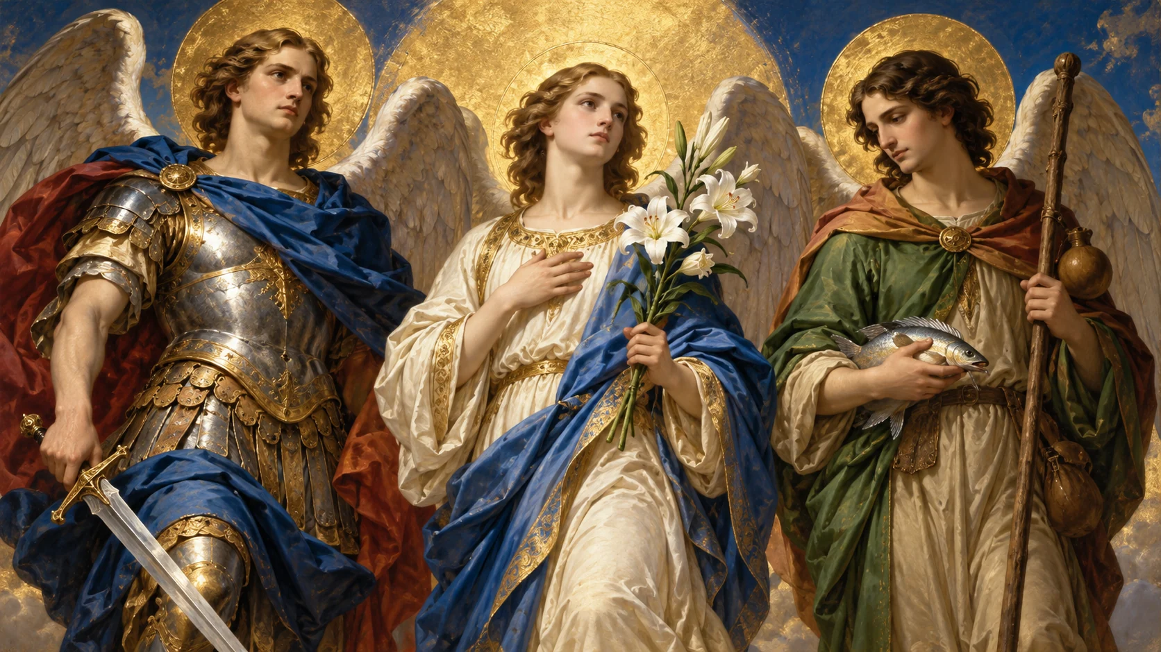 Representação artística dos arcanjos Miguel com espada, Gabriel com lírios e Rafael com bastão e peixe.