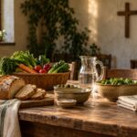 obras de misericórdia - Ilustração de uma mesa comunitária com pão, água, verduras e tigelas, preparada para acolher e partilhar alimentos.