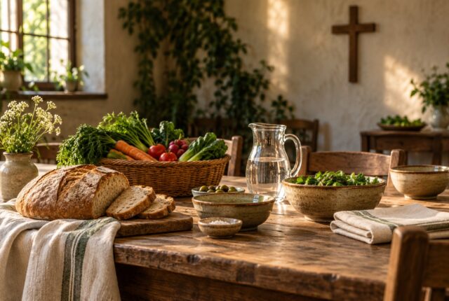 obras de misericórdia - Ilustração de uma mesa comunitária com pão, água, verduras e tigelas, preparada para acolher e partilhar alimentos.