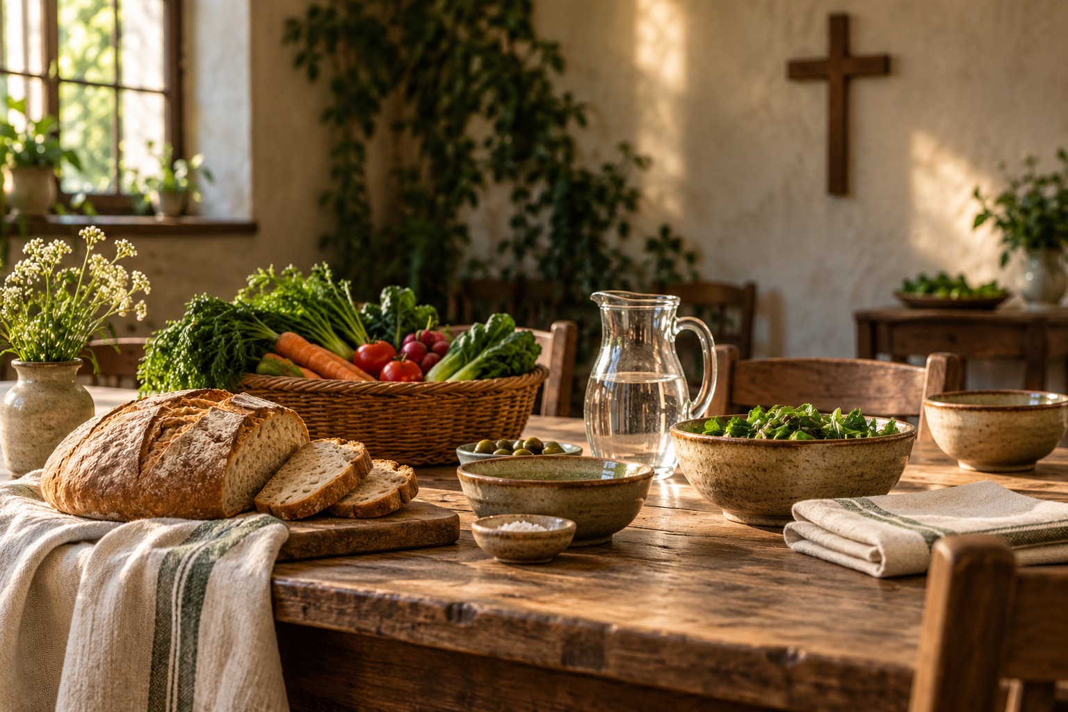obras de misericórdia - Ilustração de uma mesa comunitária com pão, água, verduras e tigelas, preparada para acolher e partilhar alimentos.