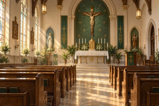 Ilustração do interior de uma igreja católica, com bancos, altar e crucifixo iluminados pela luz da manhã.
