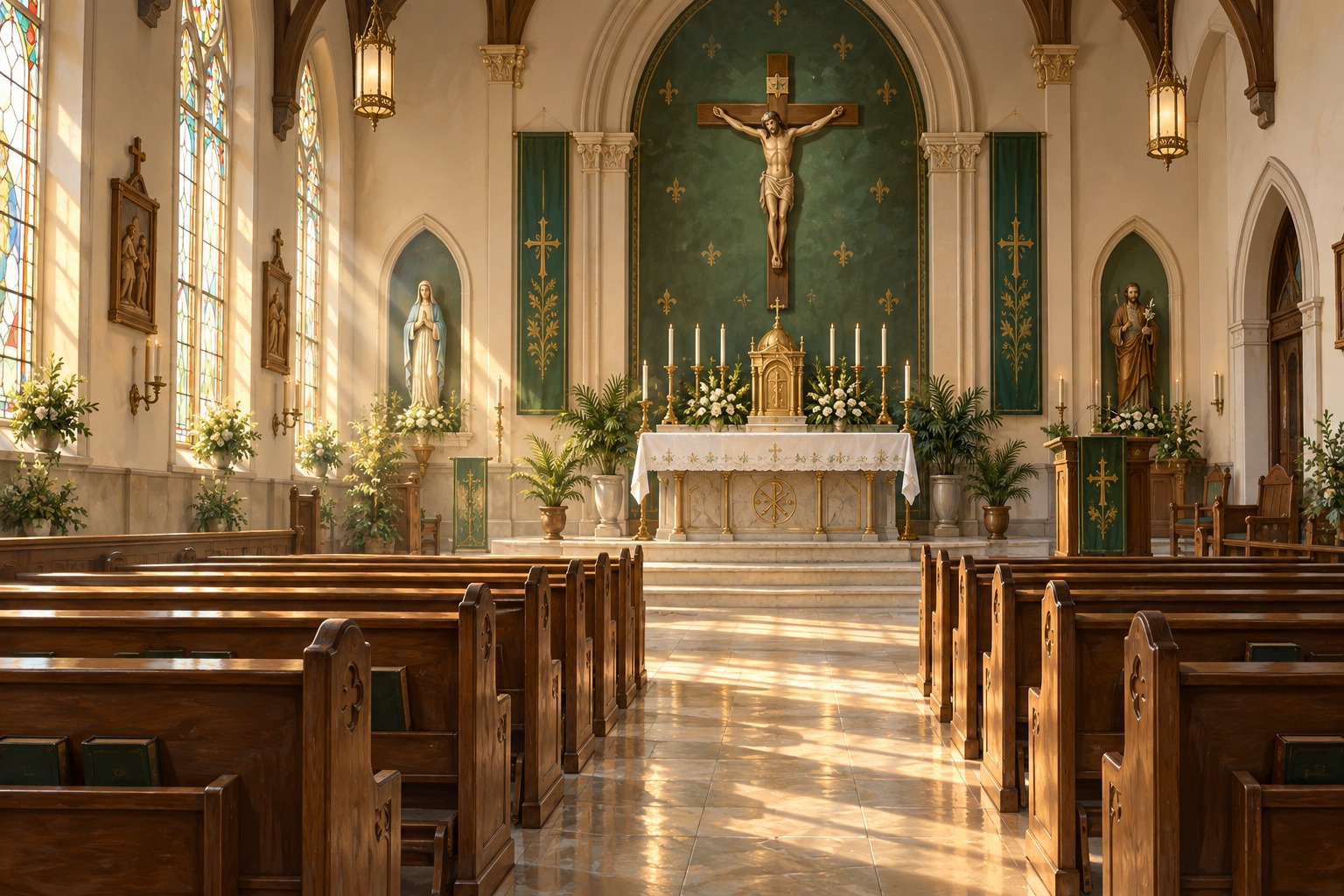Ilustração do interior de uma igreja católica, com bancos, altar e crucifixo iluminados pela luz da manhã.