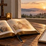 Bíblia aberta ao amanhecer ao lado de um caderno e de uma cruz