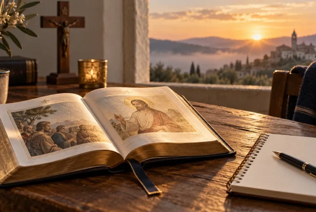 Bíblia aberta ao amanhecer ao lado de um caderno e de uma cruz