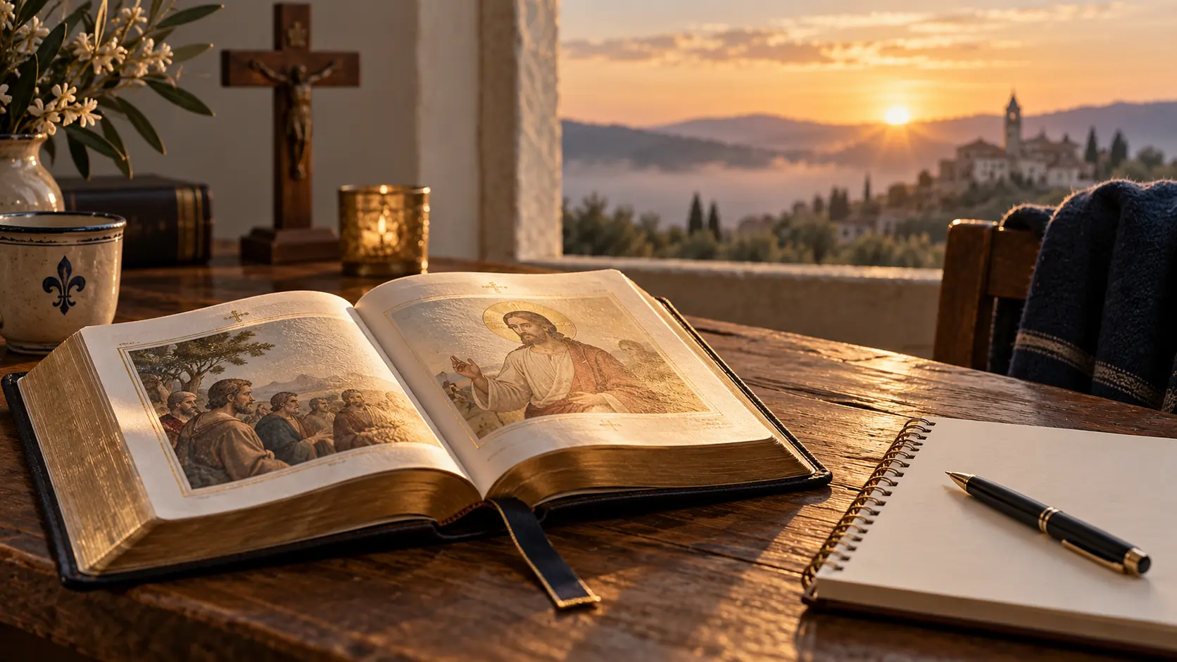 Bíblia aberta ao amanhecer ao lado de um caderno e de uma cruz