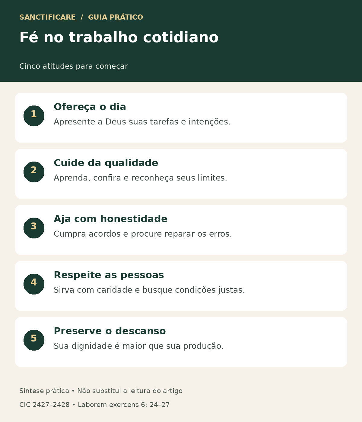Ofereça o dia: Apresente a Deus suas tarefas e intenções.; Cuide da qualidade: Aprenda, confira e reconheça seus limites.; Aja com honestidade: Cumpra acordos e procure reparar os erros.; Respeite as pessoas: Sirva com caridade e busque condições justas.; Preserve o descanso: Sua dignidade é maior que sua produção.