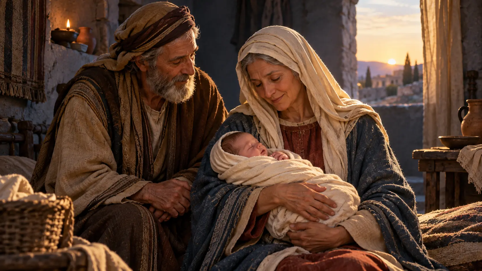 Santa Ana e São Joaquim contemplam o nascimento de Maria em uma casa judaica