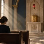 Pessoa em oração silenciosa dentro de uma capela católica