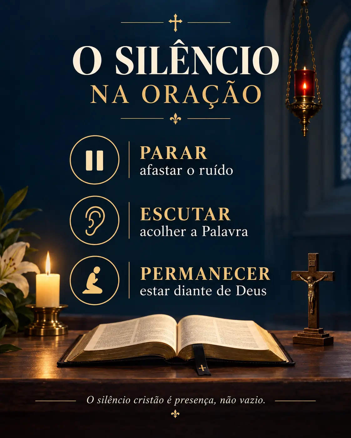 Infográfico com três movimentos do silêncio na oração: parar, escutar e permanecer