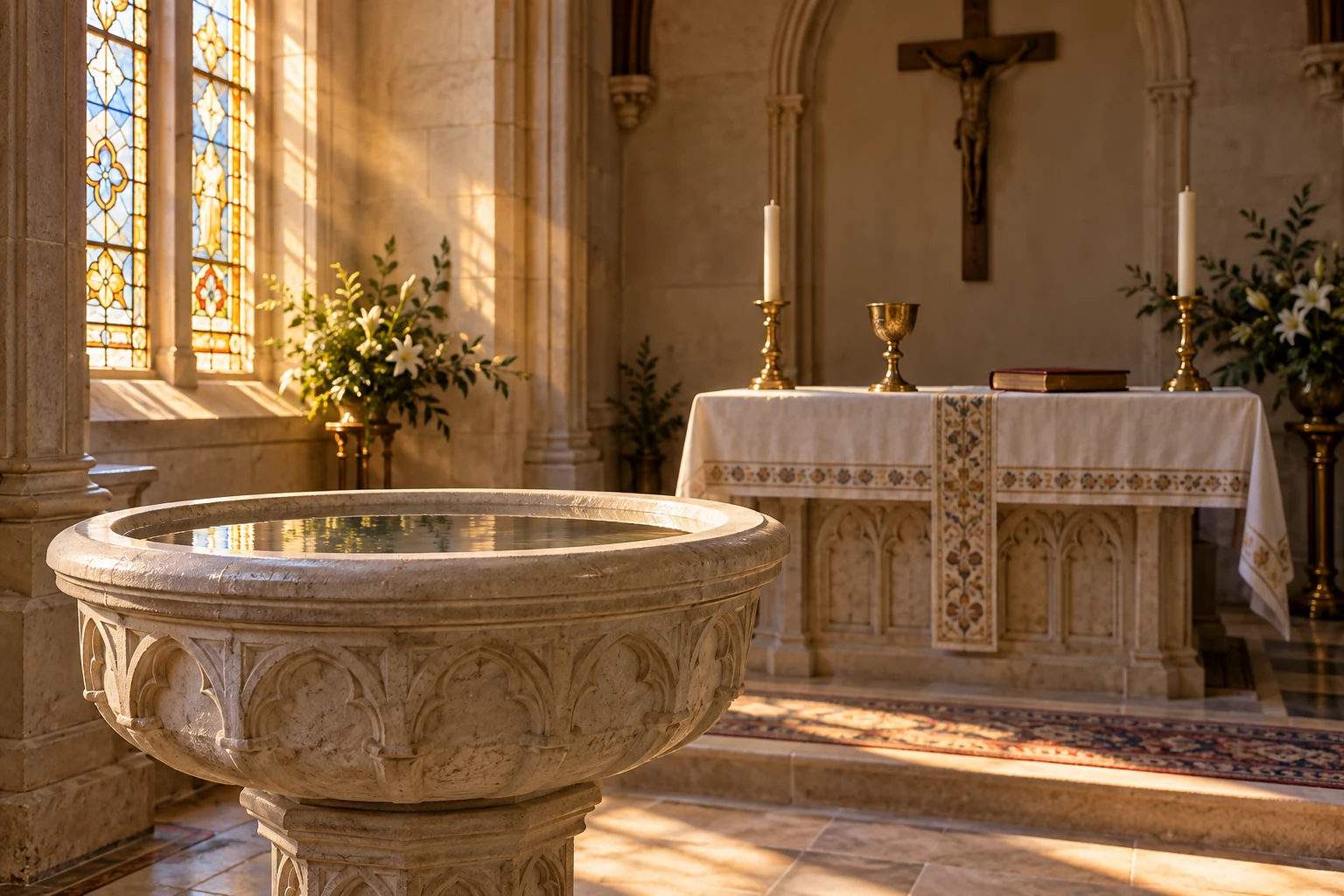 Pia batismal de pedra em uma capela católica, com altar e crucifixo ao fundo.
