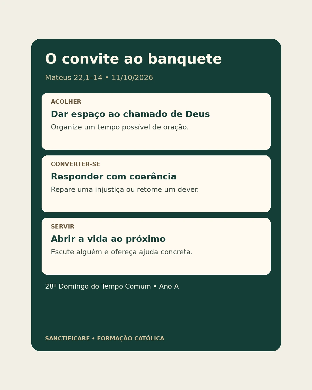 Infográfico sobre Mateus 22 com três respostas: acolher o chamado, converter-se e servir ao próximo.